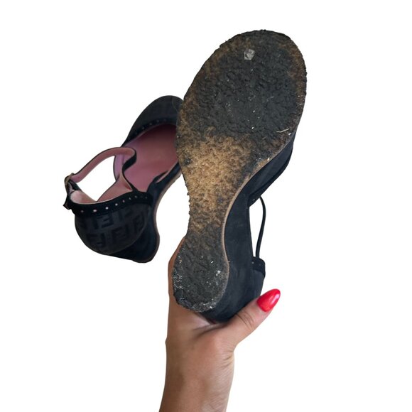 FENDI Black Vintage Logo Sandals Wedges Size 38 - Picture 11 of 14